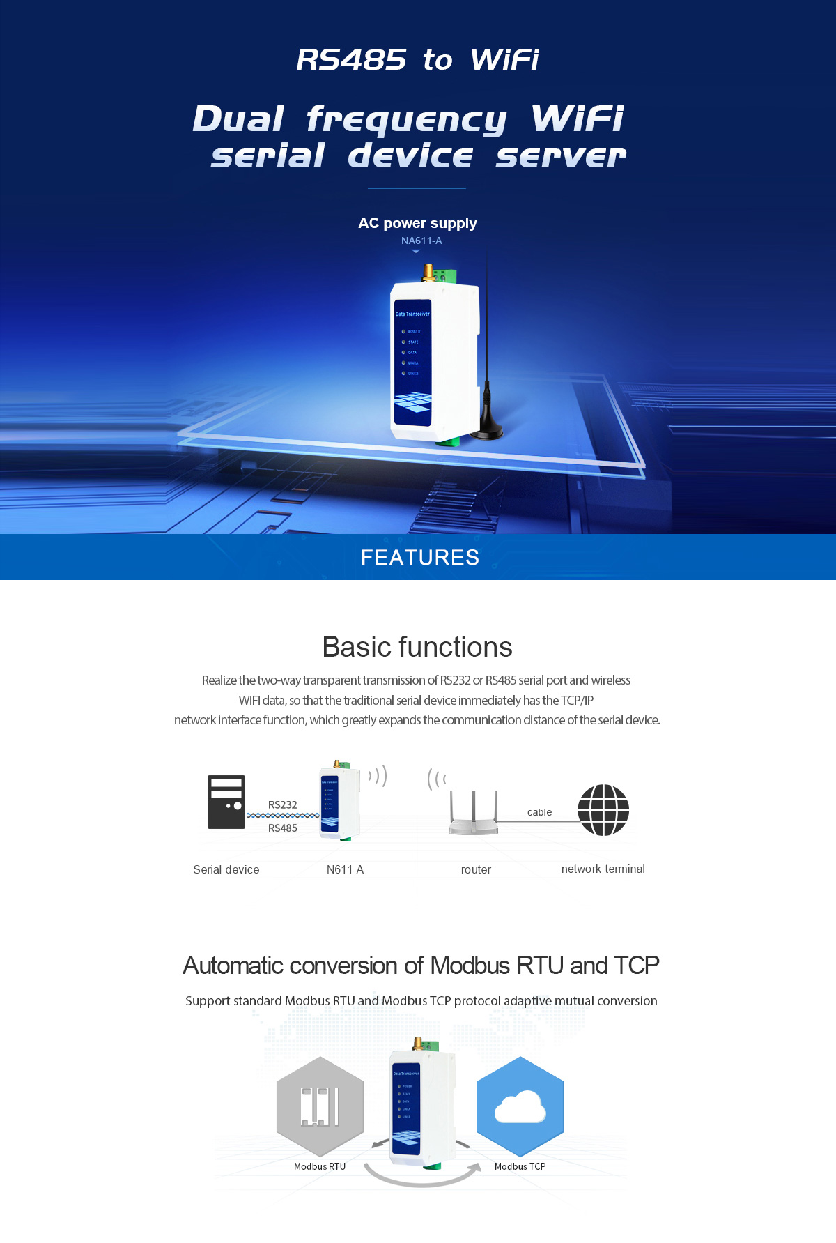 NA611-A R5485 to WiFi Dual frequency WiFi serial device server” title=