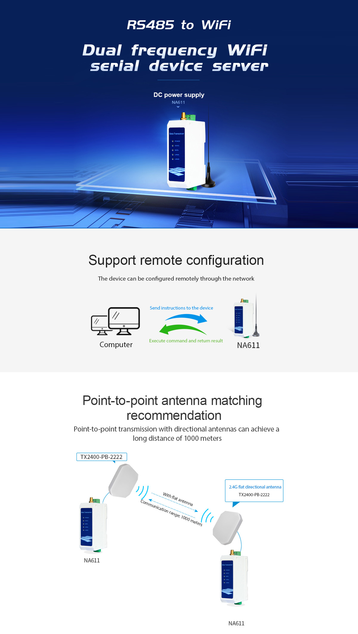 NA611 R5485 to WiFi Dual frequency WiFI serial device server