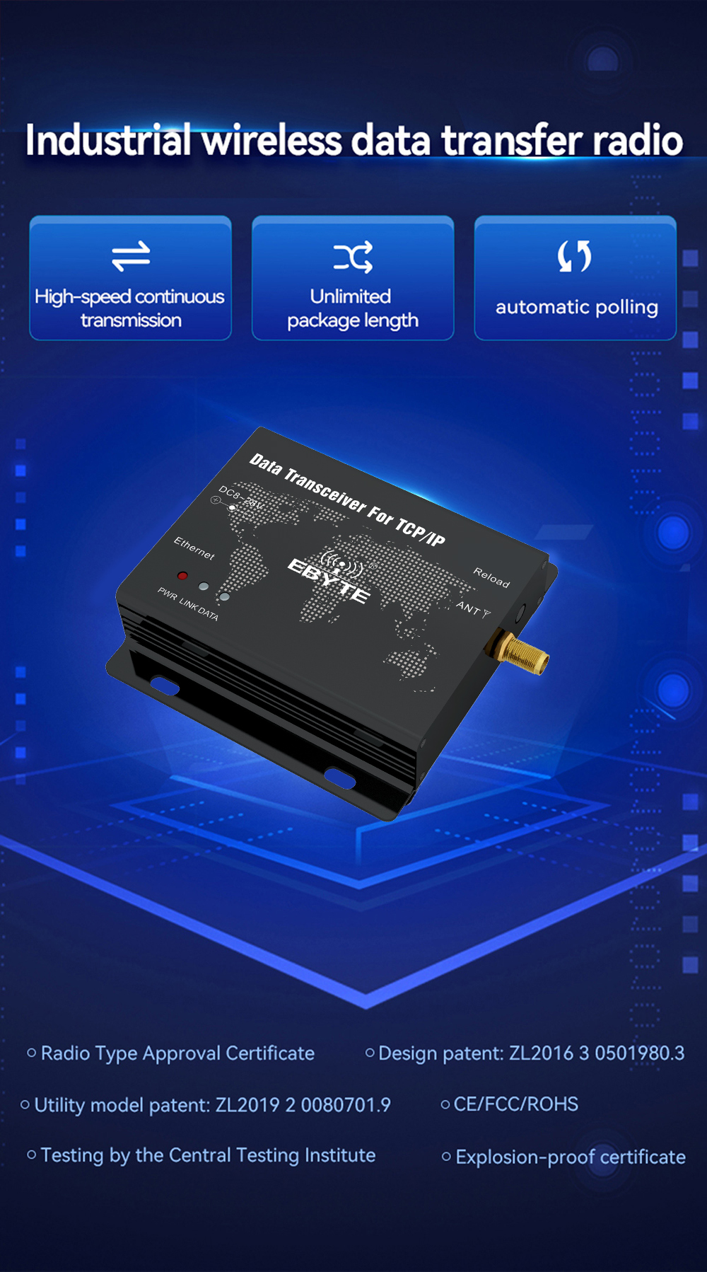 Industrial wireless data transfer radio