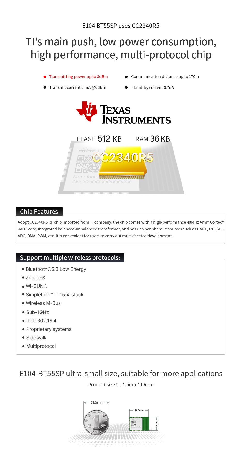 E104-BT55SP low power consumption, high performance, multi-protocol chip