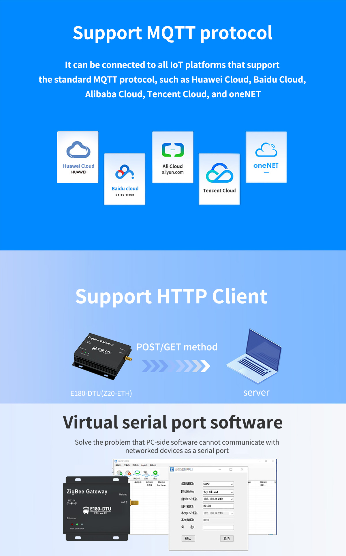 E180-DTU(Z20-ETH) Support MQTT/HTTP /Virtual serial port software server